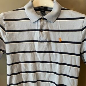 Polo Ralph Lauren Boys Light Blue Navy Striped Polo Shirt L 14-16 Orange Pony